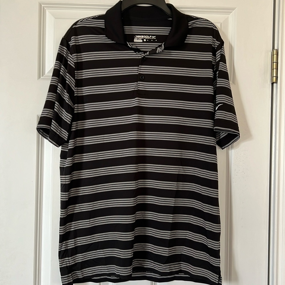 Mens Nike Golf dri-fit performance polo,  black w/ white stripe pattern, size M